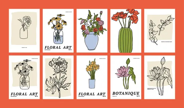 Vektorová Ilustrační Sada Barevných Květinových Plakátů Různými Květinami Vázami Umění — Stockový vektor