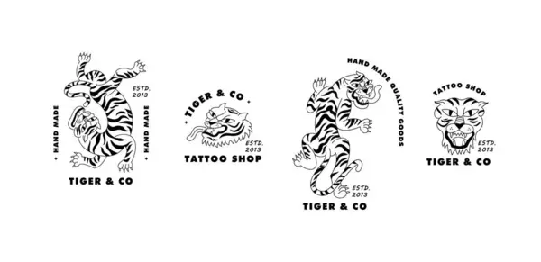 Ensemble Vectoriel Logos Linéaires Avec Tigre Ambulant Tête Illustration Tigre — Image vectorielle