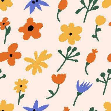 Çiçeksiz vektör deseni. Renkli moda çiçekler baskı veya sosyal medya, duvar sanatı, kartpostallar için arkaplan koleksiyonu