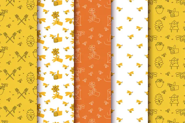 Nahtlose Muster Mit Bienen Muster Für Honigverpackung Linearer Ornamentaler Hintergrund — Stockvektor