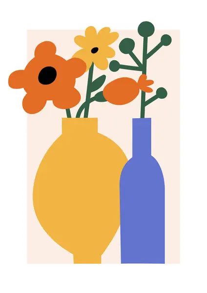 Ilustración Vectorial Cartel Botánico Colorido Con Flores Rojas Amarillas Jarrones — Vector de stock