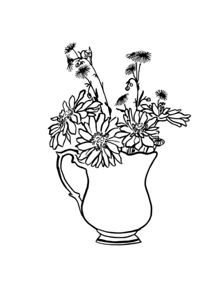 ベクターイラスト 花瓶のデイジーとカモミールの花とのインクスケッチ プリント バナー 背景のためのアート — ストックベクタ