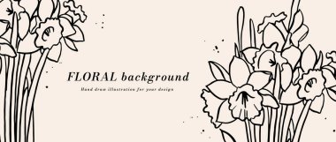 Mürekkep çizimi olan vektör arkaplan ya da afiş narsisli çiçekler ve tipografi şablonu. Web duvar kağıdı. Botanik illüstrasyonlu doğrusal çiçek sanatı