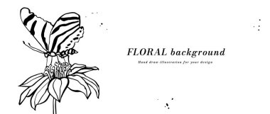 Mürekkep çizimli vektör arkaplan veya afiş kelebek ve tipografi şablonlu ekinezya çiçekleri. Web duvar kağıdı. Botanik illüstrasyonlu doğrusal çiçek sanatı