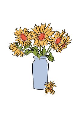 Vektör çizimi - vazoda renkli ayçiçeği çiçekleri. Baskı, duvar sanatı, afiş, arkaplan