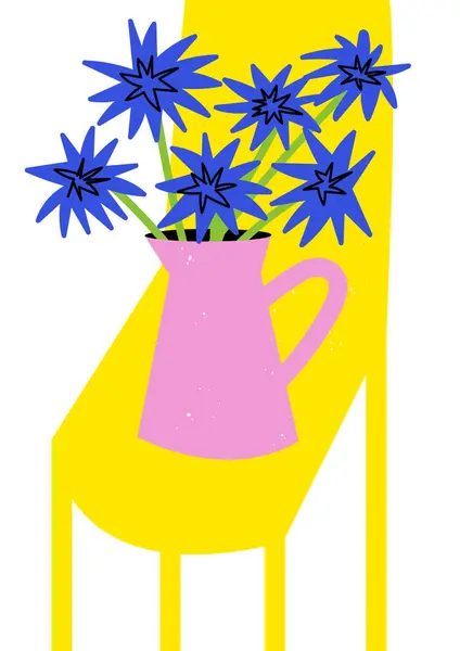 Illustration Vectorielle Poster Botanique Avec Différentes Fleurs Violettes Sur Chaise — Image vectorielle