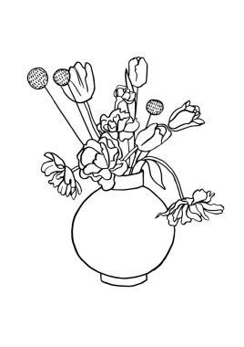 Vektör çizimi - vazolu lale çiçekli mürekkep çizimi. Baskı, duvar sanatı, afiş, arkaplan