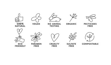 Vektör, doğal ve organik ürünler için doğrusal simgeler, logolar veya etiketler ayarladı. Gıda ve kozmetik için özet semboller