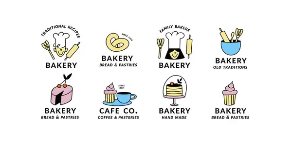ベーカリー カフェ カップケーキショップ ペストリーのためのテンプレートリニアロゴのベクトルセット ベーカリーオブジェクトのエンブレム ストックイラスト