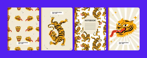 ベクトルのイラストテンプレートは ノート プランナー パンフレット 虎イラスト付きカタログのページをカバーしています 動物がいる背景 ロイヤリティフリーストックベクター