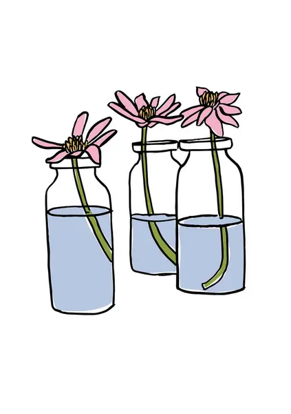Vektorillustration Bunte Skizze Mit Rosa Gänseblümchen Und Kamillenblüten Der Vase Stockillustration
