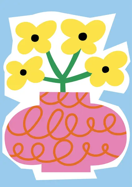 ベクトルイラスト 植物ポスター 黄色い花のピンクの花瓶 ポストカード バナー 背景のためのアート 現代のナイーブなグルービーファンキーインテリアの装飾 — ストックベクタ