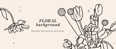 Mürekkep çizimi laleler ve tipografi şablonu olan vektör arkaplan veya afiş. Web duvar kağıdı. Botanik illüstrasyonlu doğrusal çiçek sanatı
