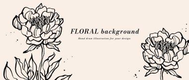 Vektör arkaplan ya da afiş, şakayık çiçekleri ve tipografi şablonuyla çizim. Web duvar kağıdı. Botanik illüstrasyonlu doğrusal çiçek sanatı