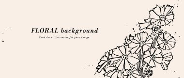 Mürekkep desenli kareopsis çiçekleri ve tipografi şablonlu vektör arkaplan veya afiş. Web duvar kağıdı. Botanik illüstrasyonlu doğrusal çiçek sanatı