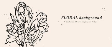 Mürekkep çizimi laleler ve tipografi şablonu olan vektör arkaplan veya afiş. Web duvar kağıdı. Botanik illüstrasyonlu doğrusal çiçek sanatı