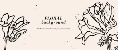 Mürekkep çizimi, frezya çiçekleri ve tipografi şablonlu vektör arkaplan veya afiş. Web duvar kağıdı. Botanik illüstrasyonlu doğrusal çiçek sanatı
