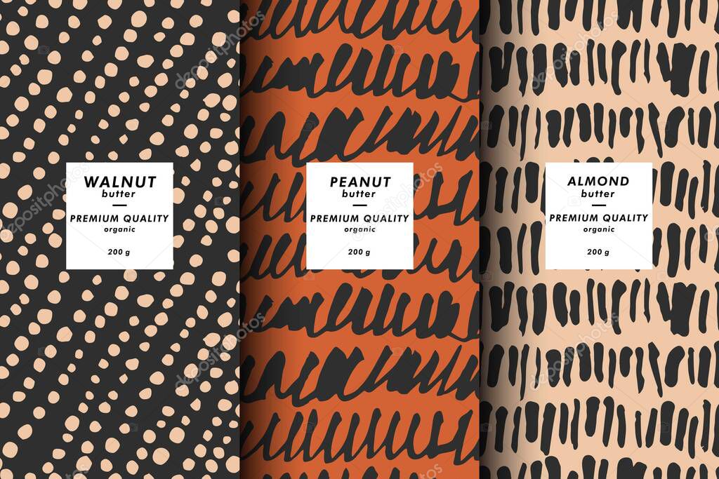 Vector illustration set of templates contemporary abstract cover and patterns for nuts butter packaging with labels. Minimal modern backgrounds