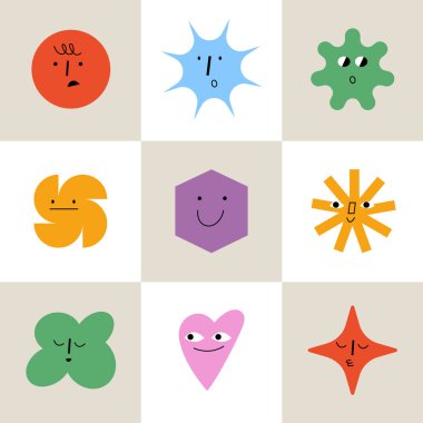 Geometric abstract comic faces with different emotions. Funny faces for business team avatar. Seamless patterns