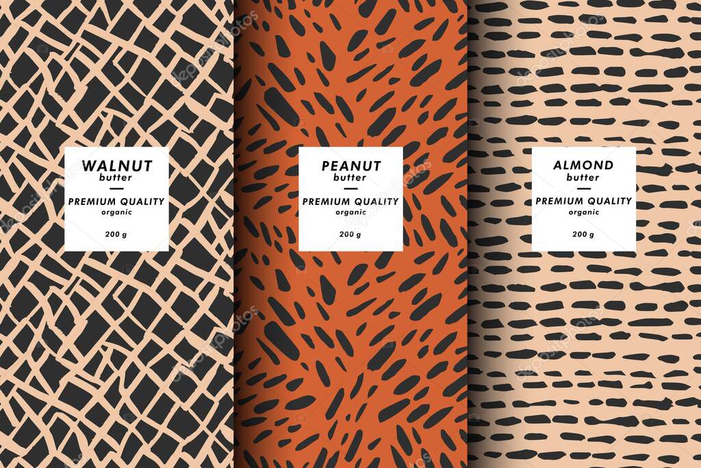 Vector illustration set of templates contemporary abstract cover and patterns for nuts butter packaging with labels. Minimal modern backgrounds