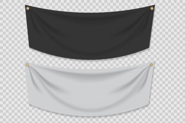 Siyah ve beyaz kumaş veya tekstil boş afiş modeli, tasarım, promosyon, reklam, satış vs. için uygun.