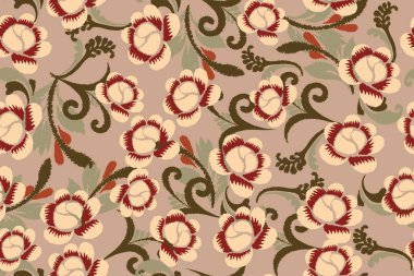 Çiçekli renkli halı. Ambalaj için çiçek şablonu, dijital motif, arkaplan, duvar kağıdı, baskı, giysi vs..