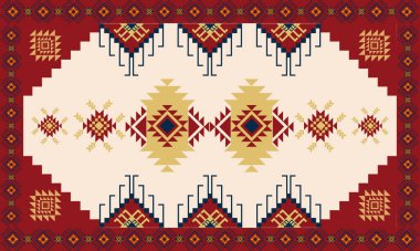 Kaba iplik dokusuna sahip antik halı deseni, renkli vektör çizimi 