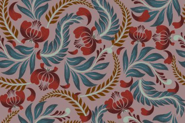 Koyu arkaplanda kırmızı ve mavi çiçeklerin suluboya deseni.