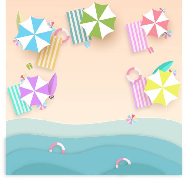 Fotorealistik vektör stilinde yaz plajının havadan görüntüsü.