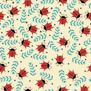 Vektör arkaplanındaki uğur böceklerinin kusursuz deseni