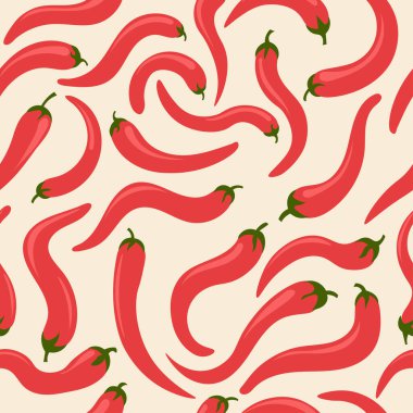 Bej arka planda kırmızı acı biberli kusursuz vektör deseni 