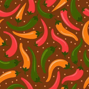 Lekesiz vektör deseni, kahverengi arka planda benekli sıcak kırmızı biberli. 