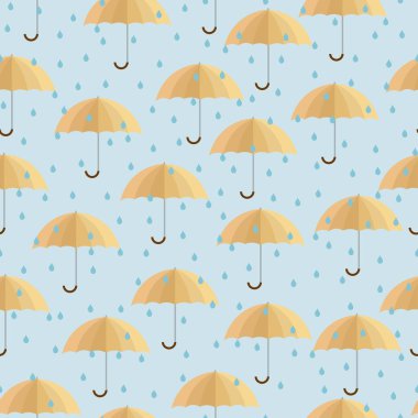 Sarı şemsiyeli kusursuz vektör deseni ve mavi arkaplanda yağmur damlaları 