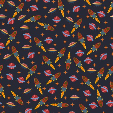 UFO, roketler ve gezegenler arka plan, kumaş, ambalaj, duvar kâğıdı vs. için vektörde pürüzsüz desen.