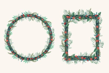 Çam dallı suluboya Noel ağacı çelengi. beyaz arkaplanda izole