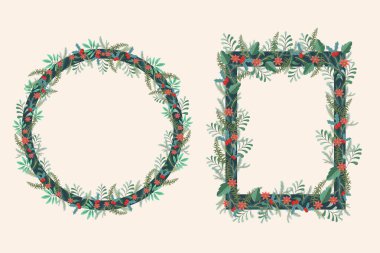 Çam kozalaklarından, köknar ve dallardan oluşan Noel çelengi, suluboya resimleme