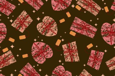 Noel hediyeleriyle kusursuz bir düzen. Koyu arkaplanda kırmızı yıldızlı Noel ağacı.