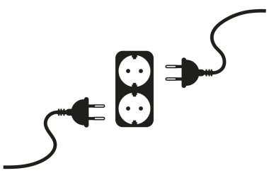 Siyah güç soketi simgesi. Güç soketi vektör simgelerinin siyah çizimi beyaz arkaplanda izole edildi
