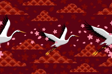 japanese pattern with cranes and sakura flowers 