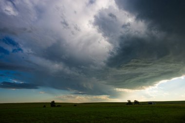 Fırtına bulutları mavi gökyüzünde hareket ederken çarpıcı bir kontrastla, doku ve karamsar atmosferle, doğadaki güzelliği destansı yorgunluk hareketiyle harmanlayan