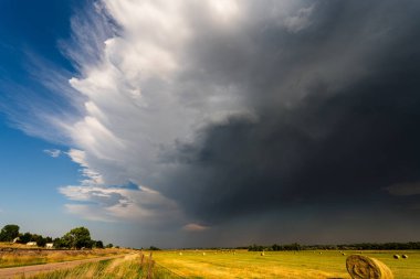 Parlak güneş ışığı, fırtına bulutları tarlaların üzerinde hareket ederken kaybolur, desen, gölge ve karamsar atmosferle dolu dramatik bir gökyüzü yaratır, değişen güzelliği ve gücü yakalar.