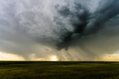 Şiddetli yağmur kuşakları, fırtınalı bir gökyüzünün altında batan güneş renklerini, dramatik bir zıtlık, gölge ve dokuya sahip, karamsar atmosferi, doğadaki güzelliği ve güçlü hava hareketliliklerini gözler önüne seriyor.
