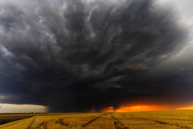 Şiddetli fırtına önü gün batımında çarpıcı bir zamanlamayla yaklaşıyor, dramatik bir gökyüzü, hareket eden bulutlar, gölge ve doku, harmanlayan karamsar atmosfer, tehlike ve doğanın powe güzelliği