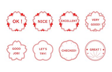 Eğitim ve kutlamalarda kullanılabilen kırmızı İngilizce pul seti (Tamam, güzel, ekspres, çok iyi, iyi iş, deneyelim, kontrol, harika)