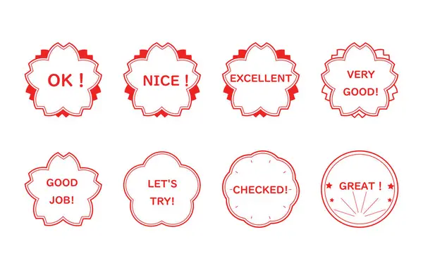 stock vector Red English stamp set that can be used in education and celebrations (OK, NICE, EXCELLENT, VERY GOOD, GOOD JOB, LET'S TRY, CHECKED, GREAT)