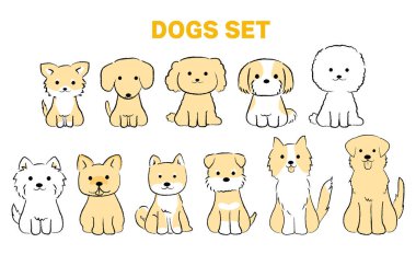 El çizimi basit köpek çizimi, tüm vücut / oturma, sarı