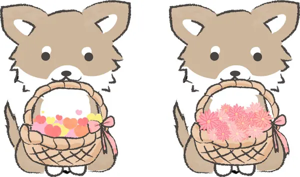 Ağzında çiçekler olan kalp şeklinde bir sepet tutan şirin bir Chihuahua 'nın el yazısı.