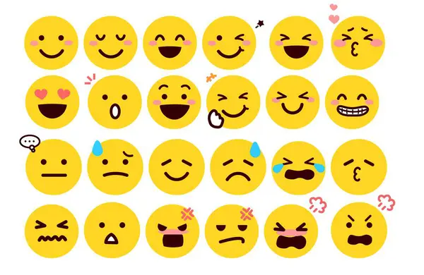Emoji, emoticonlar, değişik ifadeli resimli yüzler.