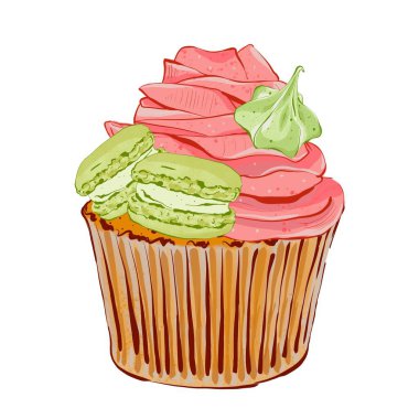 Isolated cupcake. Sweet dessert with macaroons and meringue. Hand drawn illustration in flat style. clipart