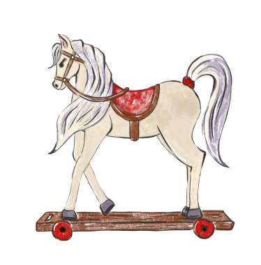 Oyuncak at. Çizim tarzında elle çizilmiş suluboya çizimi. Çocuklar için gerçekçi bir hayvan, klasik tarzda oynar. İzole edilmiş arkaplanda geriye dönük çizim, Noel koleksiyonundan öge
